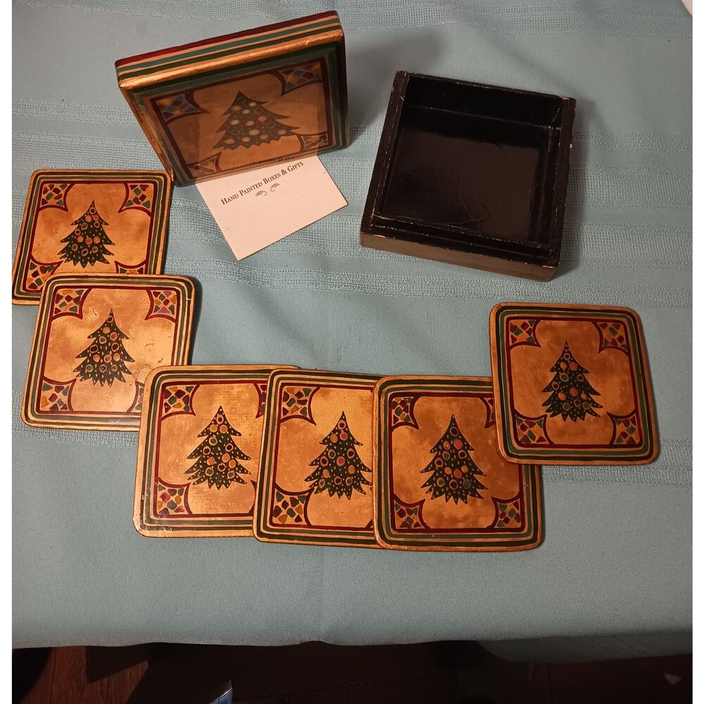 6 Christmas Tree Lacquared Coasters in Handpainted Box 4.5 in Foreside Co. EUC